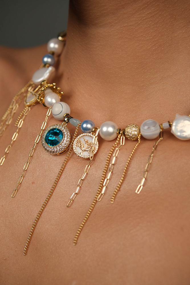 Колье «Ice perla» с натуральным жемчугом, аквамарином и агатом - фото 2