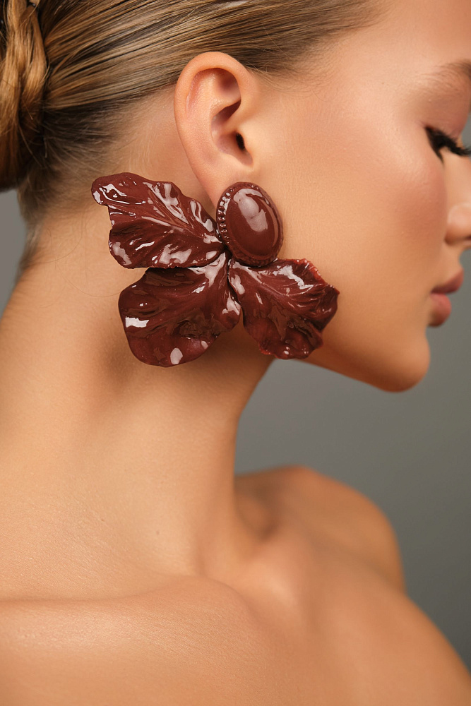 Серьги и кольцо «Фарфоровый цветок». Коричневый цвет - фото 2