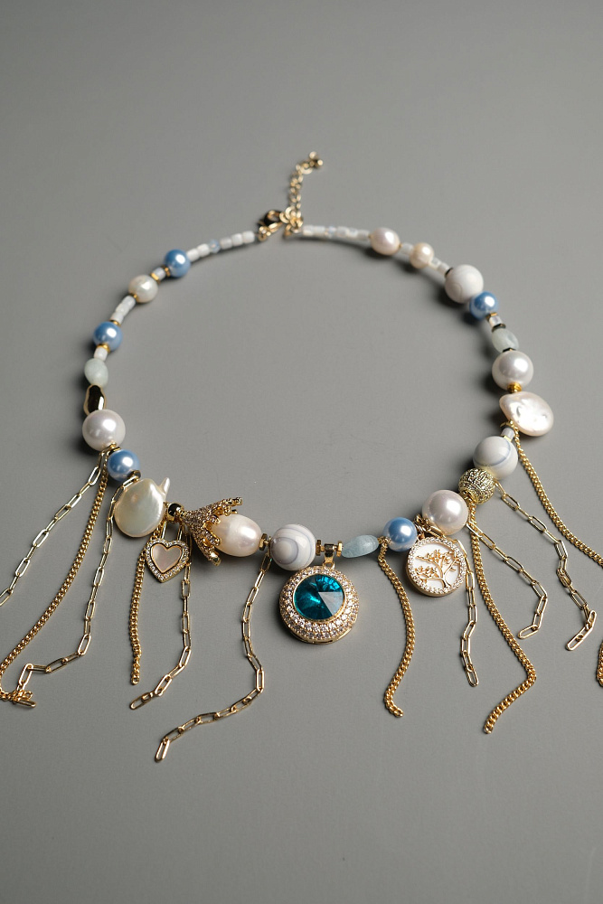 Колье «Ice perla» с натуральным жемчугом, аквамарином и агатом - фото 5